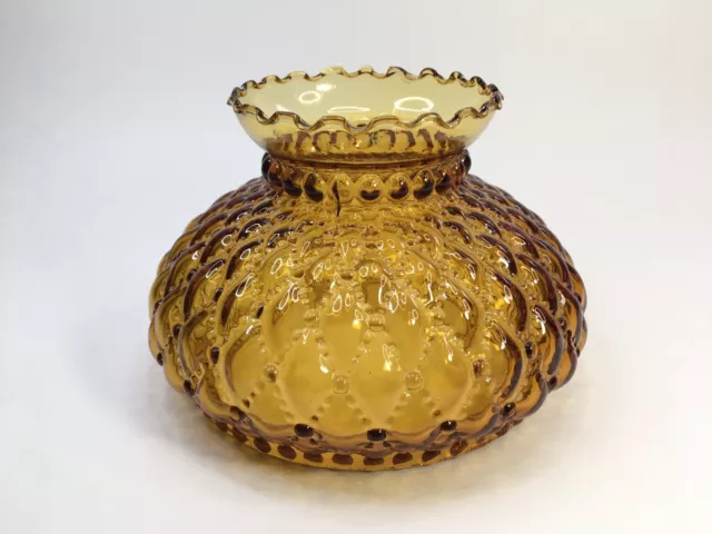 VTG Amber Quilted Glass Hurricane Oil Lamp Melon Shade Approx.5.5 Wide 4.25"Tall