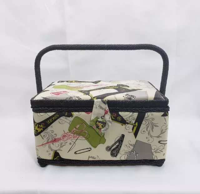 Vintage Singer Black Sewing Machine Nostalgic Fabric Padded Basket Magnetic Snap