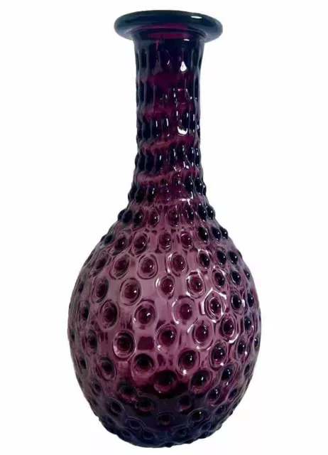 9½” Empoli Glass Amethyst Purple Genie Bottle Hobnail Decanter Italy 1960s