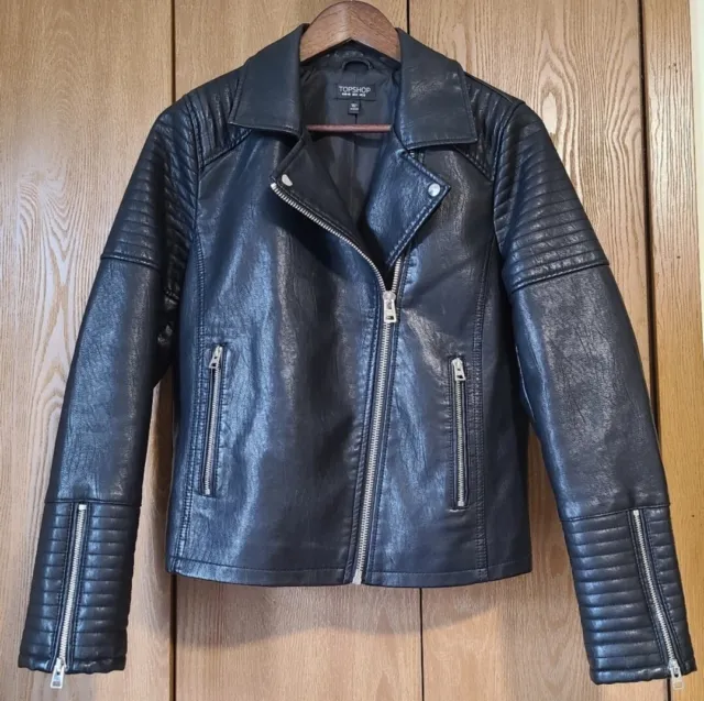 Topshop Faux Leather Moto Jacket Womens Size 4 Zipped Sleeve Zip Up