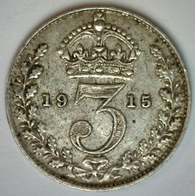 1915 Great Britain Silver 3 Pence Coin Extra Fine Circulated George V Ruler XF