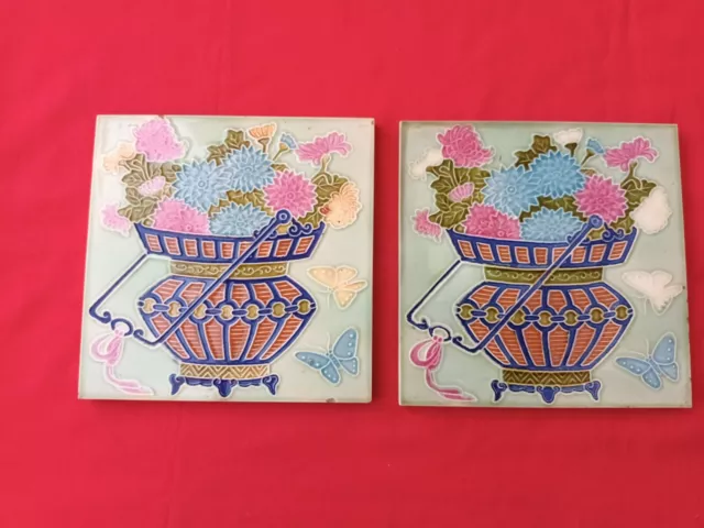 2 Piece Old Art Flower Butterfly Design Majolica Ceramic Tiles Japan 0076 3