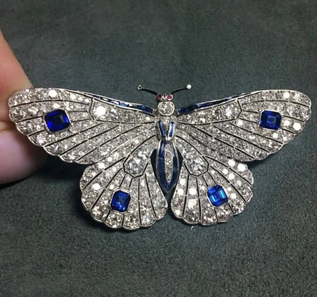 Unique Victorian Style Lab created Sapphire & CZ 925 Silver Butterfly Brooch pin