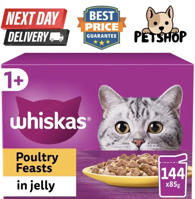 Whiskas 1+ Poultry Feasts Mixed Adult Wet Cat Food Pouches in Jelly 144 X 85g