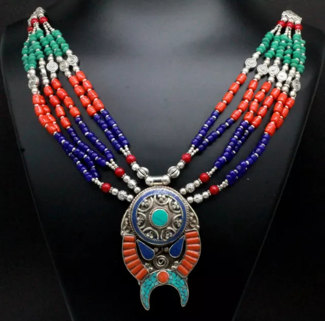 Handmade Tibetan Silver Gemstone Turquoise & Red Coral  Nepali Necklace Jewelry