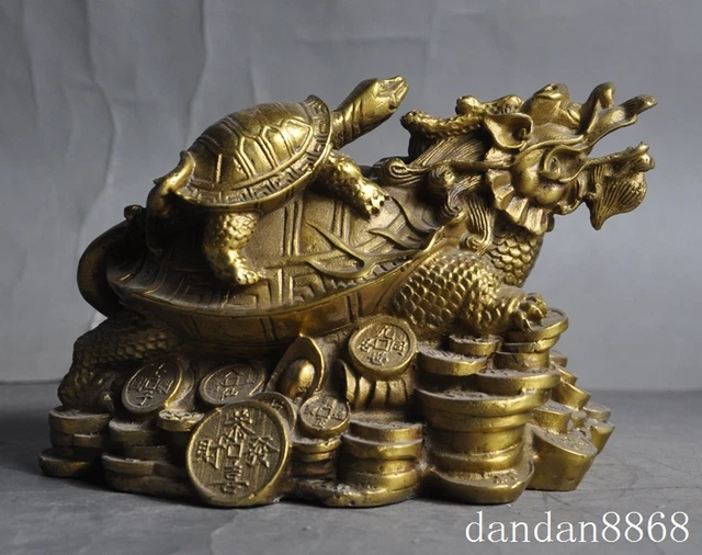 6" Chinese fengshui brass wealth Money Longevity dragon turtle Tortoise statue