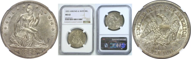 1853 50C Seated Liberty Half Dollar Arrows & Rays NGC MS-62