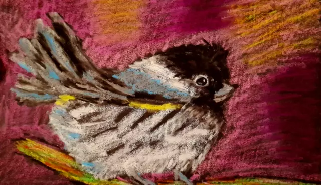 Chickadee Original óleo pastel pintura pájaro flor árbol arte teta pintura