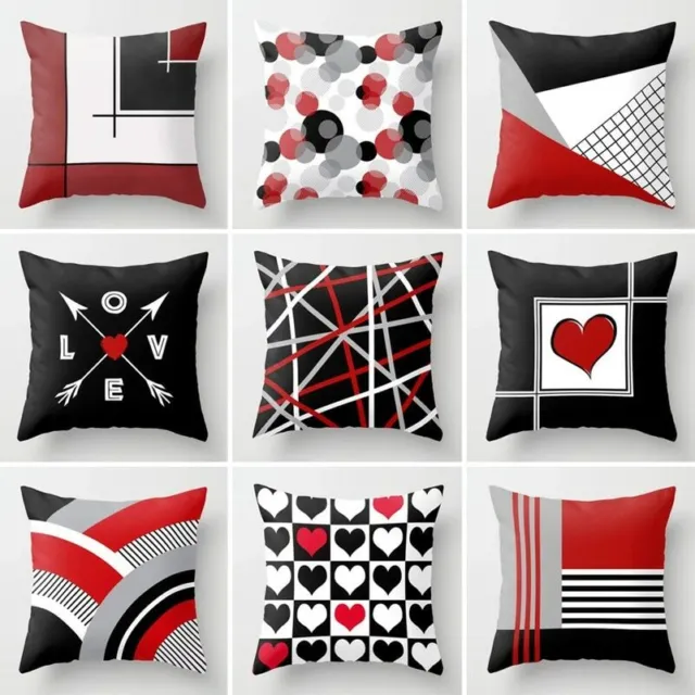 Red Geometric Cushion Cover Stripe Dot Grid Printed Polyester Throw Pillow Case