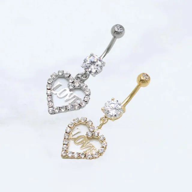 Yellow Gold Silver 316L Steel Love Heart Dangle Cz Belly Button Navel Bar Ring
