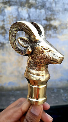Brass Heavy Mountain Goat Handle Brown Wood Walking Stick Cane Vintage handmade