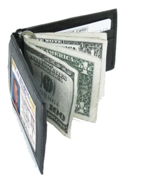 RFID Blocking Black Leather Mens Bifold Money Clip Wallet ID Badge Holder