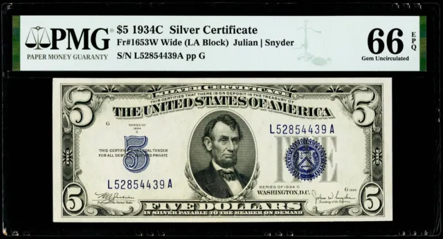 $5 1934C Silver Certificate Fr#1653W Wide (LA Block) PMG 66 EPQ Gem Uncirculated