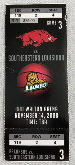 2008 11/14 SE Louisiana at Arkansas Basketball FULL Ticket-Mike Washington 30&14