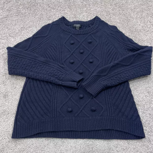J Crew Sweater Women's Size L 100% Wool Navy Blue Cable Knit Crew Neck