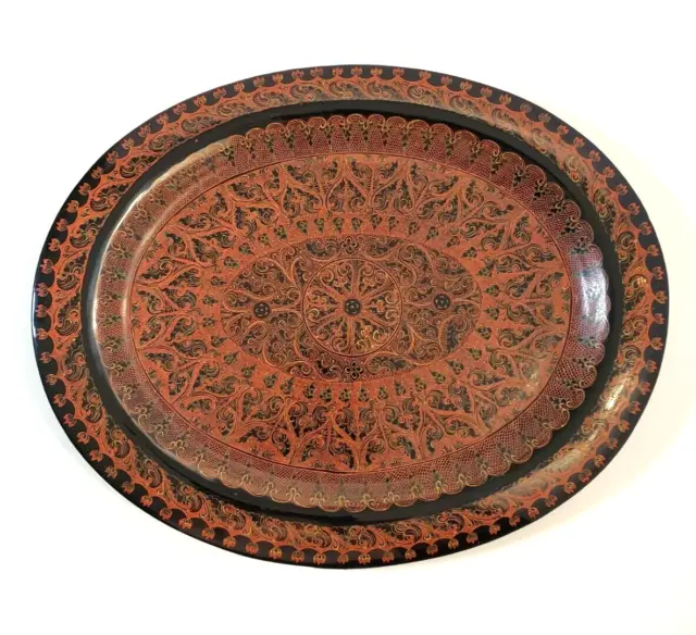 Vintage Burmese Lacquerware Oval Tray Black Gold Red Abstract Design