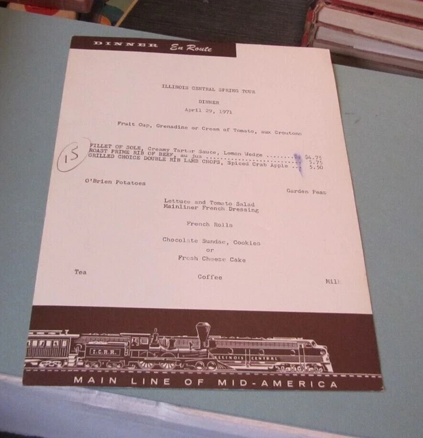 1971 Illinois Central Railroad Spring Tour Dinner Menu Main Line of Mid-America