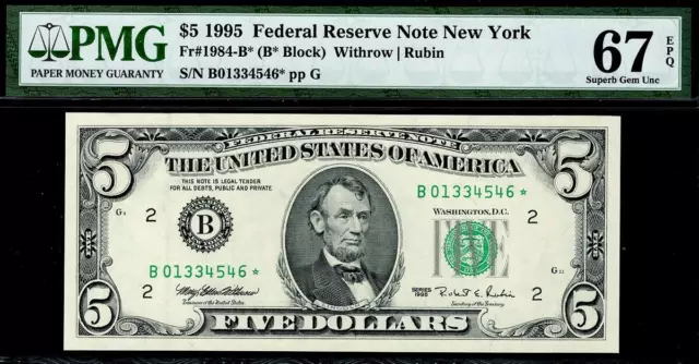 1995* $5 New York STAR Federal Reserve Note FRN • PMG 67 EPQ 1984-B* (1 finer)