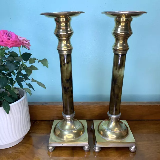 Vintage Pair Tall Brass Alter Empire & Painted Acrylic Stem Candle Stick Holders
