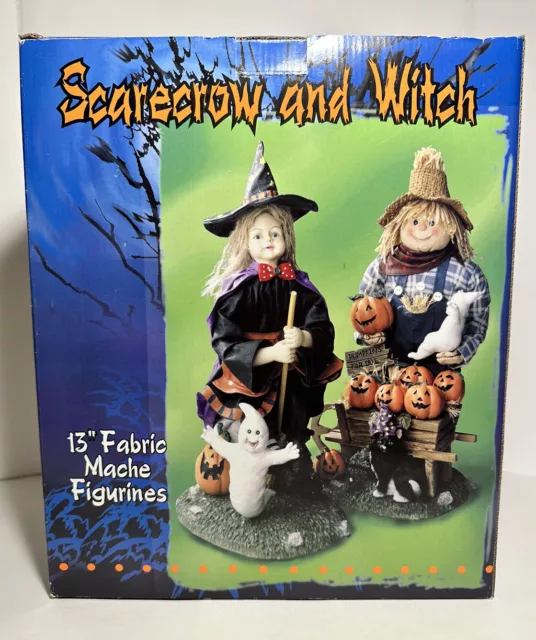 Scarecrow and Witch 13” Fabric Mache Figures - Halloween Decor- New Open Box