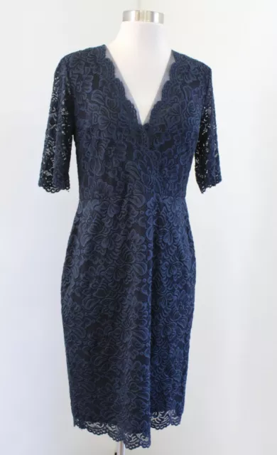 Ivanka Trump Blue Black Floral Lace V Neck Mesh Sheath Dress Size 4 Cocktail