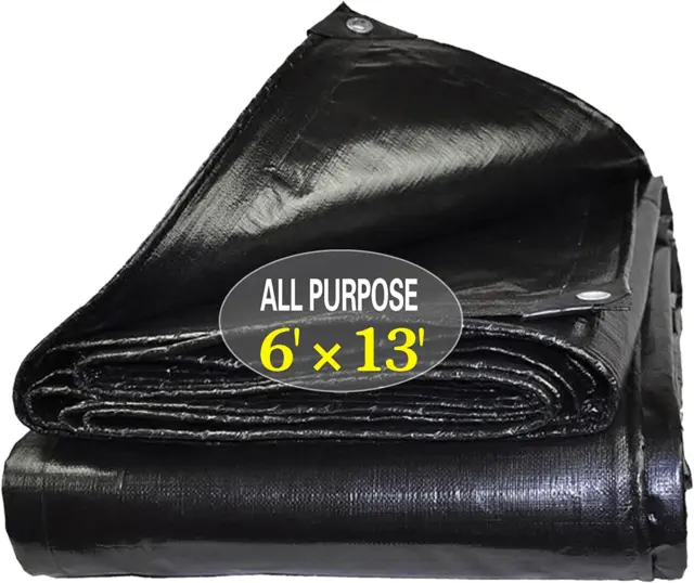Tarps Heavy Duty Waterproof 6X13Ft Black Large Tarp Cover Plastic Poly Tarpaulin