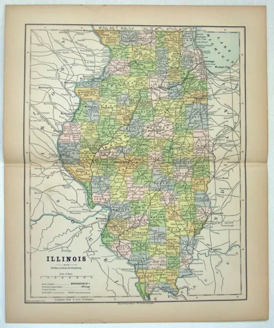 Illinois - Original 1882 Map by Phillips & Hunt. Antique
