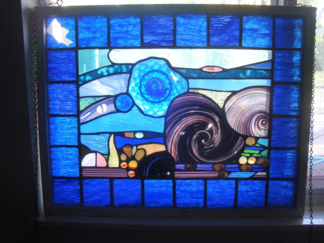 Jack Wind Stained Glass Hanging Window Panel Transom Shells Spiral Cabochon Blue