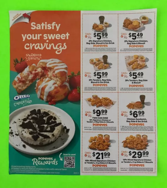 POPEYES 6 COUPONNS on 1 sheet expires 12/24/2023 SHIPS TODAY