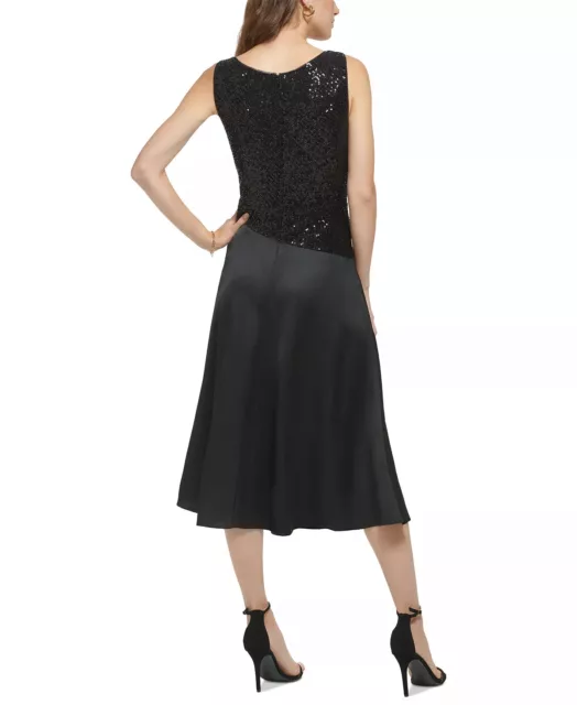 DKNY Cocktail Dress Black Sequin Satin Cowl Neck Midi Size 16 NWT $229 3