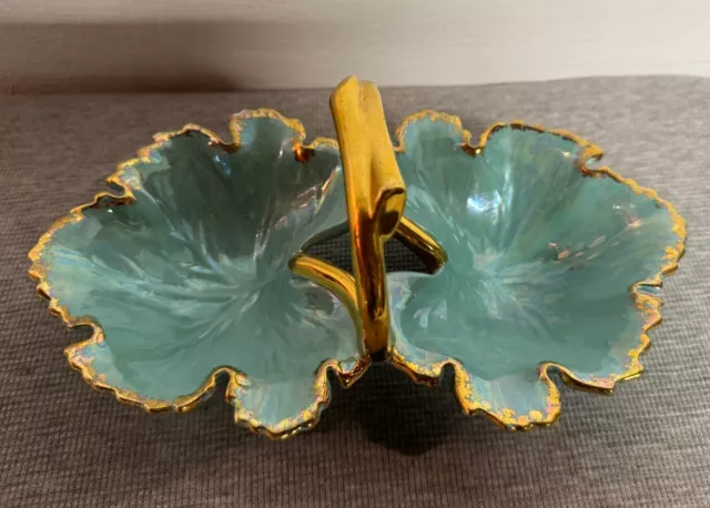Vintage MCM Divided Leaf Ceramic Candy Nut Dish Green With Gold Trim And Handle
