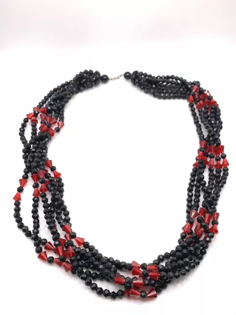 Vintage red and black multi strand chunky beaded necklace