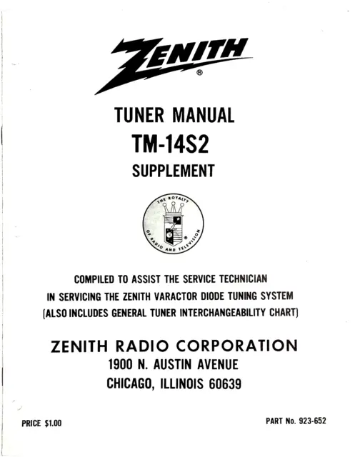 Original Zenith Service Manual Supplement For Tuner Tm-14S2