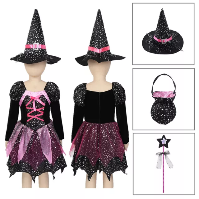 Kids Girls Witch Costume Evil Wizard Cosplay Role Play Fancy Dress Witch Hat Set