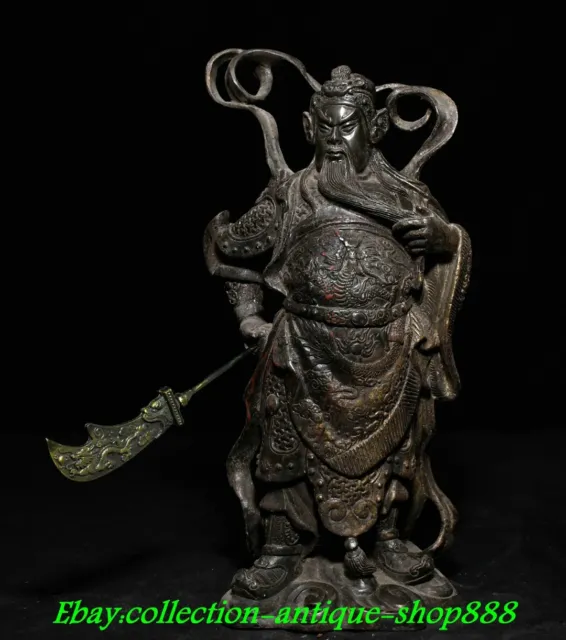 Old Chinese bronze gilt Dragon Guan Gong Guan Yu warrior God Statue sculpture