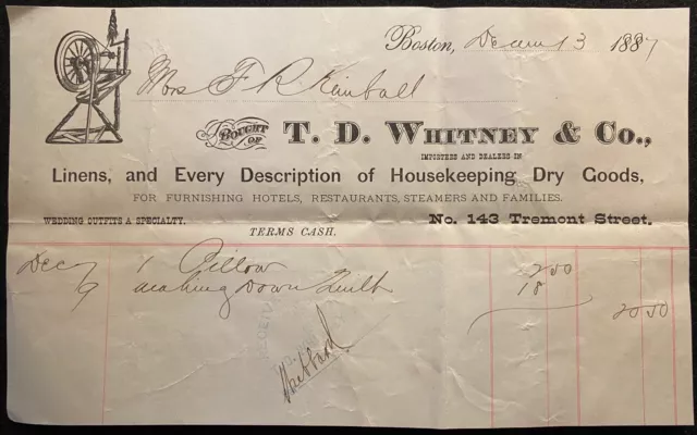 1887  *T. D. Whitney & Company* Boston, Mass. {Vignette} $20 Billhead!  Notable!