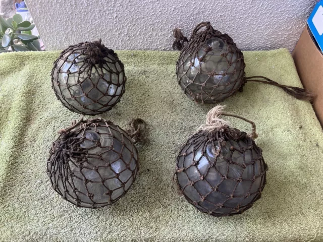 4 Vintage 5” Clear Glass Fishing Float & Netting