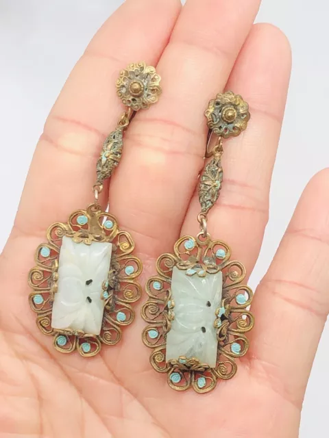 Unique Vtg Antique 1930s ? Qing Dynasty Jade Dangling Drop Crew Back Earrings