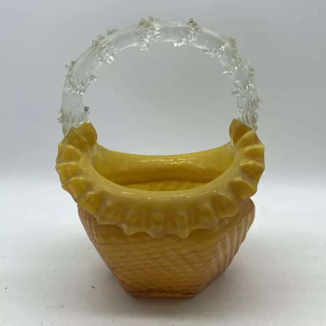 Mid Century Modern Victorian Stevens & Williams Yellow & Amber Glass Basket 7”