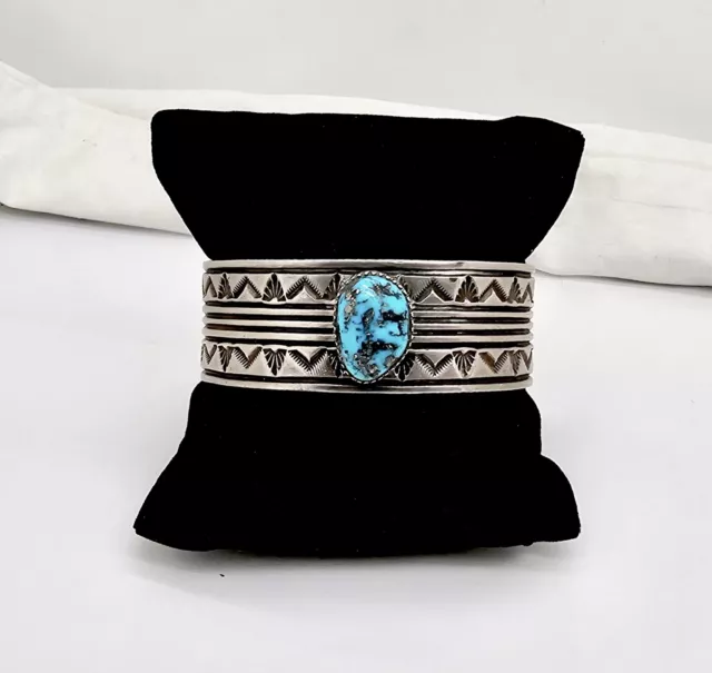 Native American Navajo B.morgan Wide Kingman Turquoise Stamped Silver Cuff,6.5"