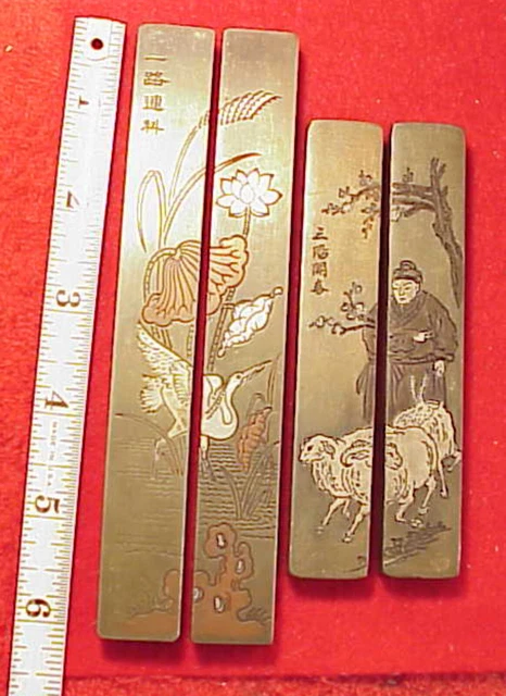 2 Sets Japanese Scroll Calligraphy Bronze Weights signed HERON SHEPHERD LAMB RAM