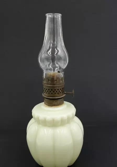 Vtg Antique Mini Miniature Custard Uranium Glass Oil Lamp Melon 8” Chimney Glows
