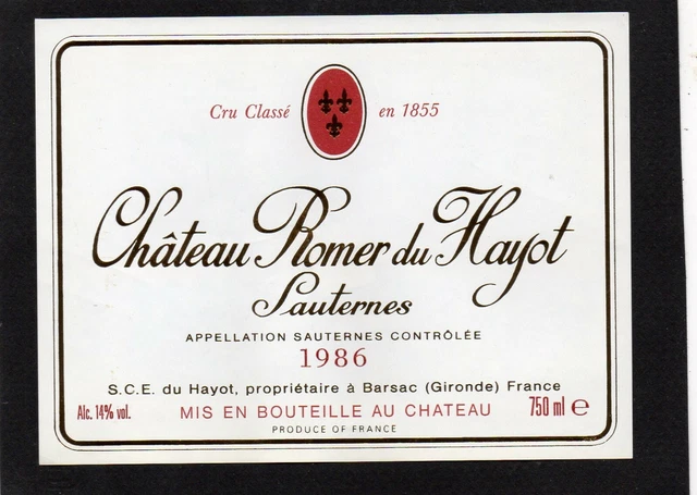 Sauternes Gcc Vieille Etiquette Chateau Romer Du Hayot 1986 75 Cl    §11/10/20§