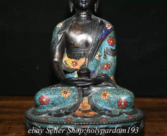 11.6“ Old China Bronze Cloisonne Seat Shakyamuni Amitabha Buddha  Statue 3