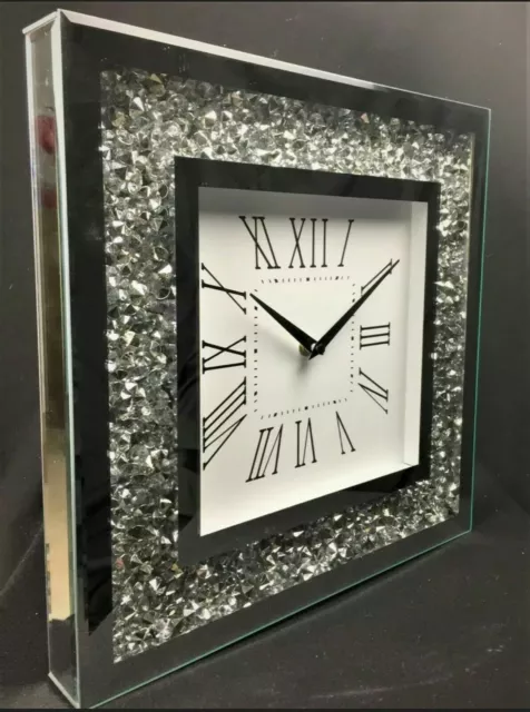 MIRROR CRUSHED DIAMOND SILVER CRUSHED CRYSTAL FILLED SPARKLY 35x35CM WALL CLOCK✨