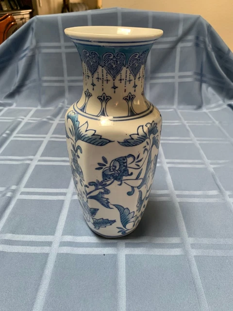 White and Blue Ceramic Vase Floral Pattern 11 Inches Tall