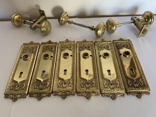 Lot Of  6 Forged Brass Door Plates With Door Knobs
