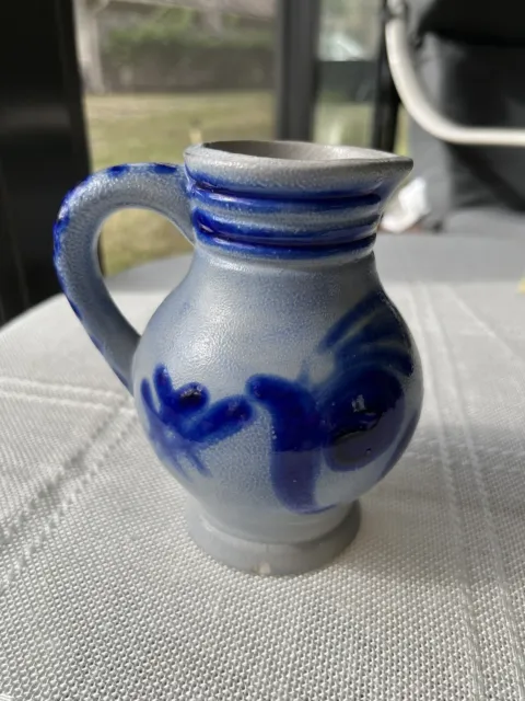 Cobalt Blue Painted Stoneware Pottery Salt Glazed Floral Pitcher Jug
