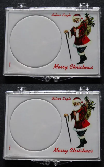 2 Edgar Marcus Silver Eagle Snaplock Case Coin Holder 2X3 Santa Merry Christmas