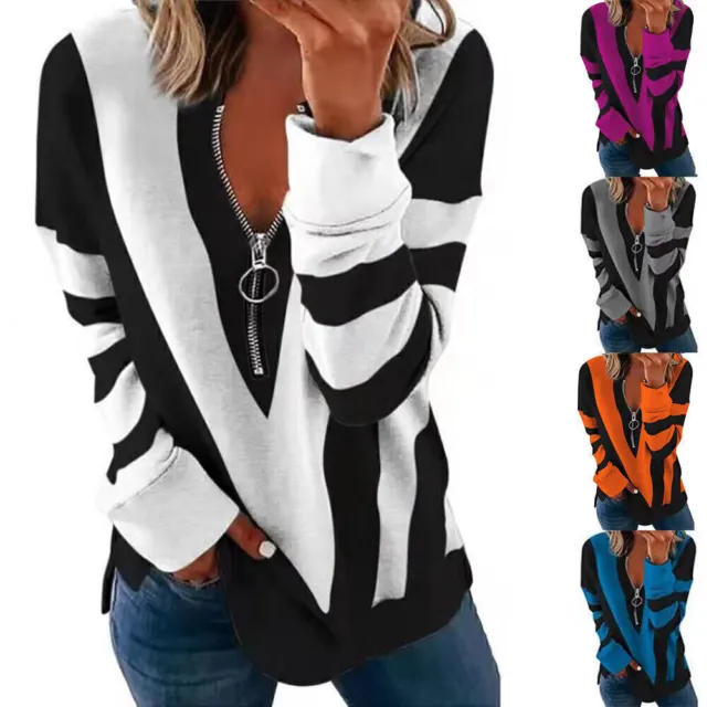 Woman Ladies Zip V Neck T Shirt Long Sleeve Loose Tops Blouse Autumn Sweatshirt-